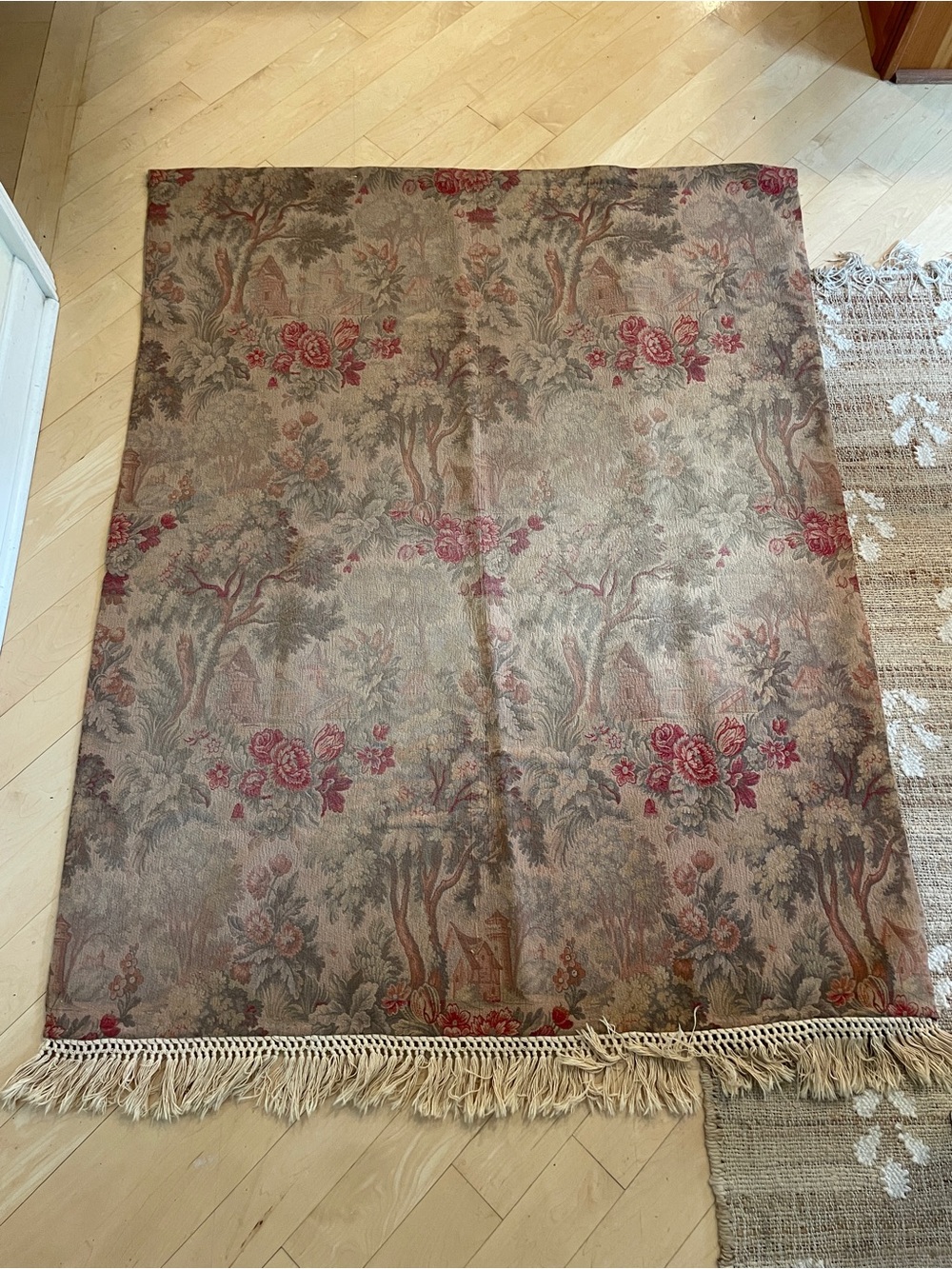 Vintage Wall Hanging Vintage French Woven Garden Floral Scene Tapestry
